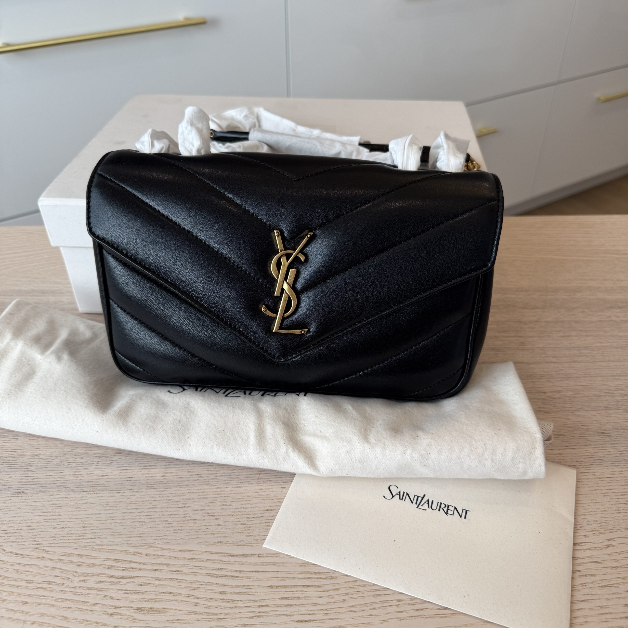 Saint Laurent (YSL) Lambskin Chevron Quilted Small Loulou Bag Black GHW