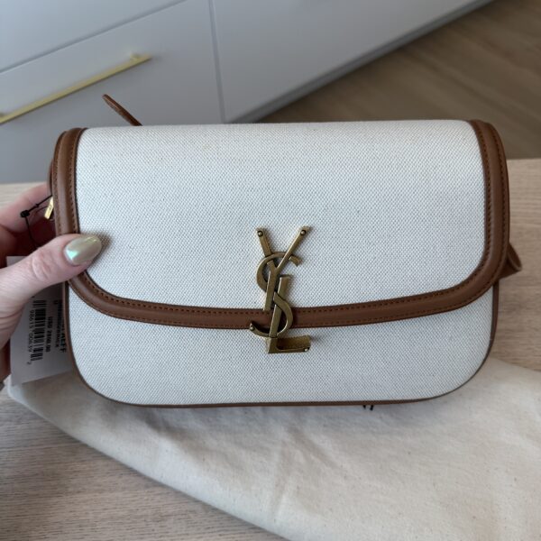 Saint Laurent (YSL) Calfskin and Canvas Monogram Medium Solferino Satchel Brown