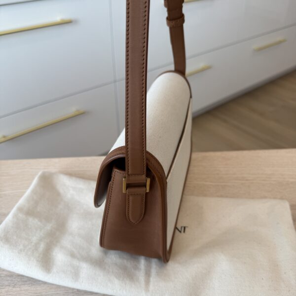 Saint Laurent (YSL) Calfskin and Canvas Monogram Medium Solferino Satchel Brown