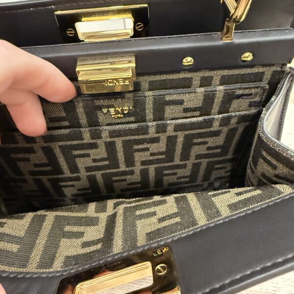 Fendi Vitello Seta Shiny Nappa Bi-Color Small Peekaboo I SEE U Satchel Black Zucca Interior