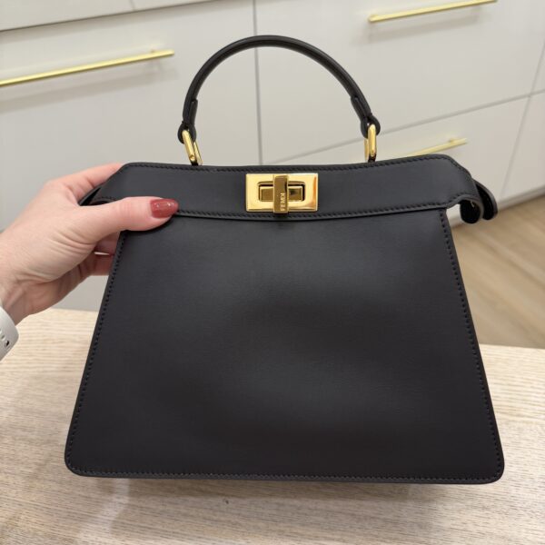 Fendi Vitello Seta Shiny Nappa Bi-Color Small Peekaboo I SEE U Satchel Black Zucca Interior