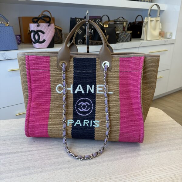 Chanel Straw Raffia Calfskin Striped Medium Deauville Tote Dark Beige Fuchsia Navy Blue