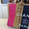 Chanel Straw Raffia Calfskin Striped Medium Deauville Tote Dark Beige Fuchsia Navy Blue