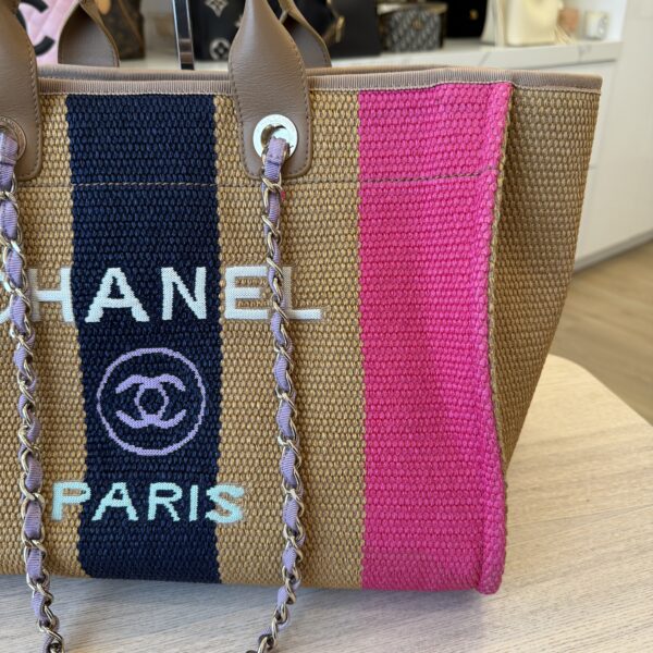 Chanel Straw Raffia Calfskin Striped Medium Deauville Tote Dark Beige Fuchsia Navy Blue