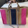 Chanel Straw Raffia Calfskin Striped Medium Deauville Tote Dark Beige Fuchsia Navy Blue