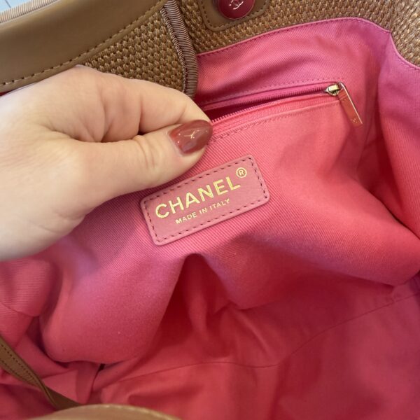 Chanel Straw Raffia Calfskin Striped Medium Deauville Tote Dark Beige Fuchsia Navy Blue