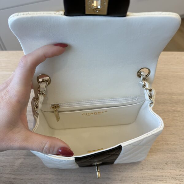 Chanel Mini Square Flap Bag Black and White Lambskin Light Gold Hardware