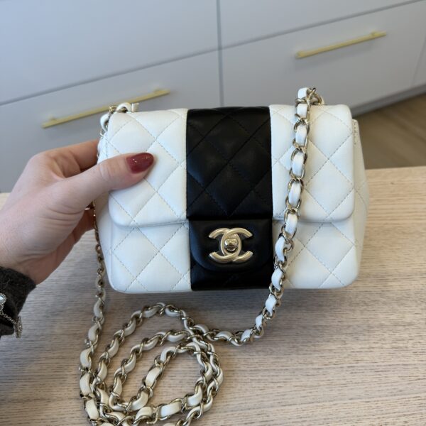 Chanel Mini Square Flap Bag Black and White Lambskin Light Gold Hardware