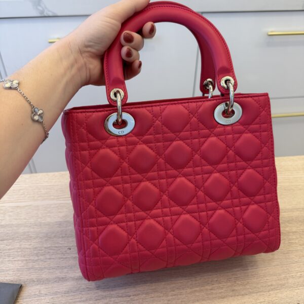 Christian Dior Lambskin Cannage Medium Lady Dior Silver Hardware Pink