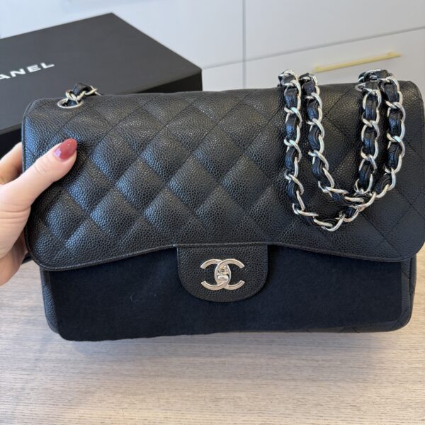 Chanel Lambskin Quilted Jumbo Double Flap Black Silver Hardware
