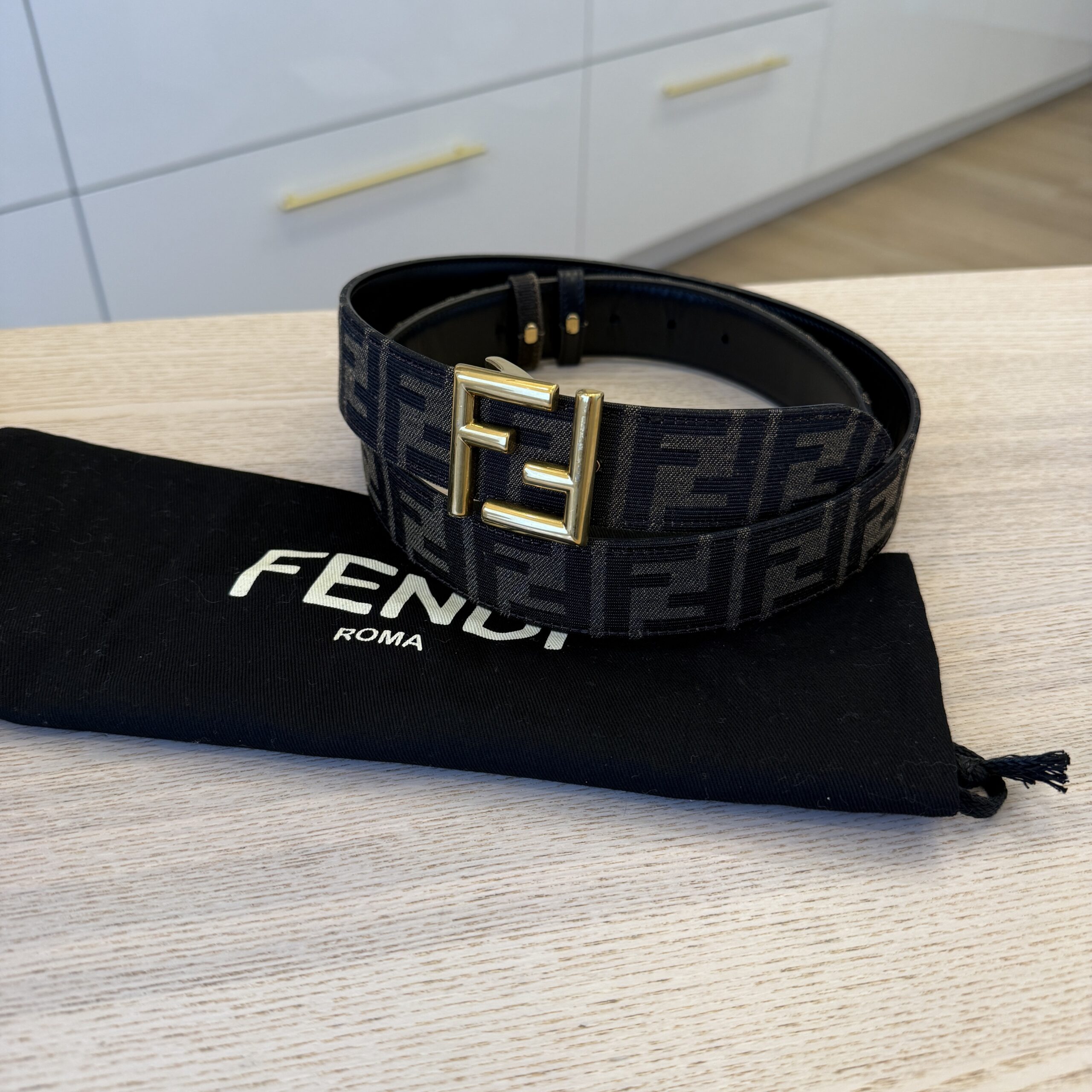 Fendi Black Leather and FF Fabric Reversible Belt