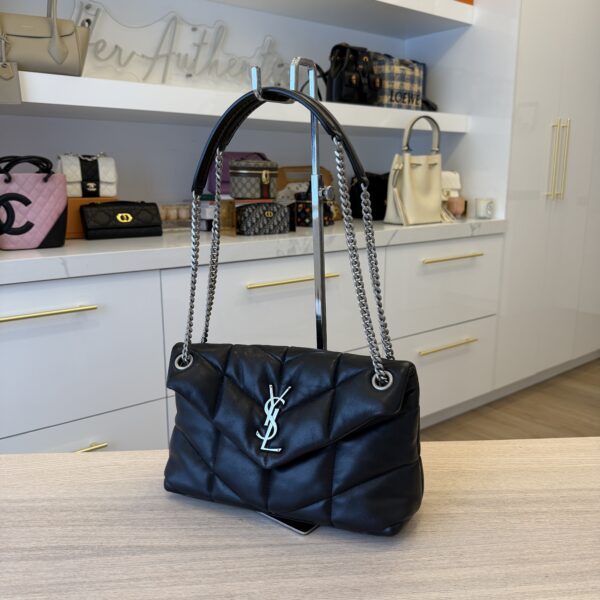 Saint Laurent (YSL) Lambskin Quilted Small Loulou Puffer Monogram Chain Satchel Black