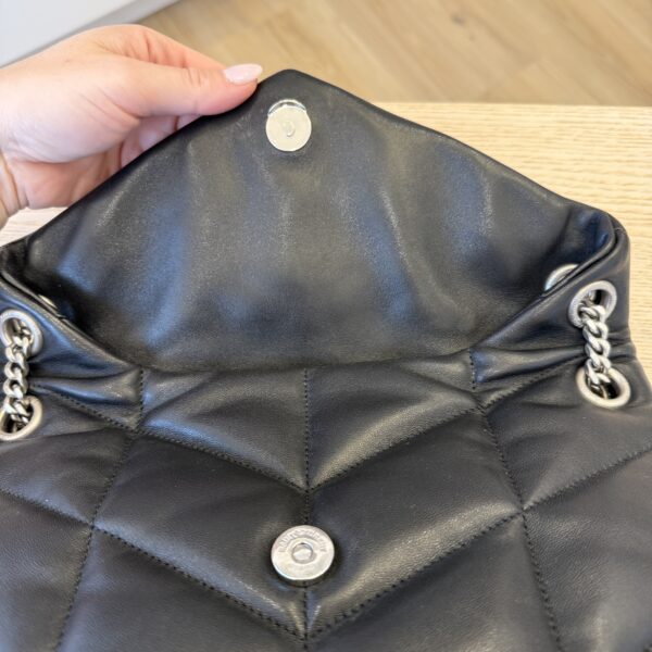 Saint Laurent (YSL) Lambskin Quilted Small Loulou Puffer Monogram Chain Satchel Black