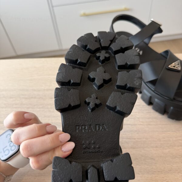 PPrada Foam Rubber Metal Triangle Logo Monolith 55mm Soft Cage Sandals 38 Black