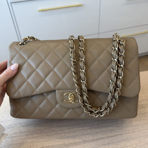 Chanel Caviar Quilted Jumbo Double Flap Black Gold Hardware Dark Taupe