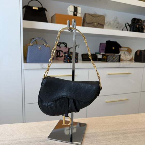 Christian Dior Black Ostrich Vintage Saddle Bag