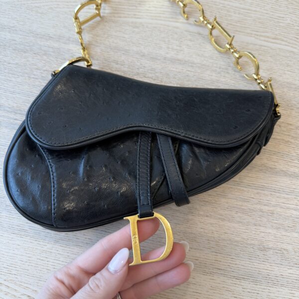 Christian Dior Black Ostrich Vintage Saddle Bag
