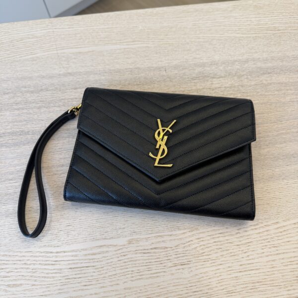 Saint Laurent (YSL) Grain De Poudre Matelasse Chevron Monogram Envelope Clutch Black