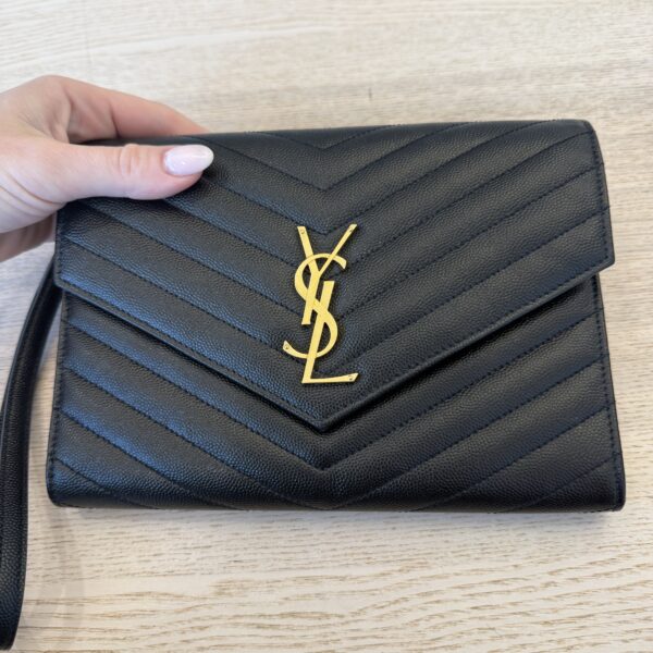 Saint Laurent (YSL) Grain De Poudre Matelasse Chevron Monogram Envelope Clutch Black
