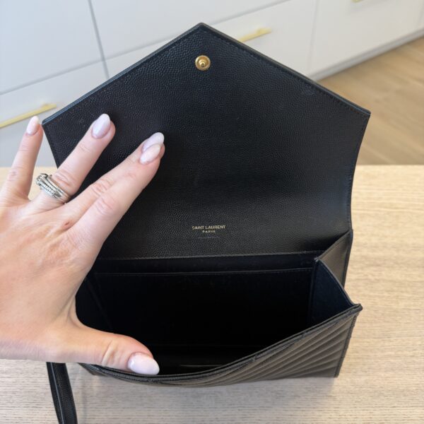 Saint Laurent (YSL) Grain De Poudre Matelasse Chevron Monogram Envelope Clutch Black