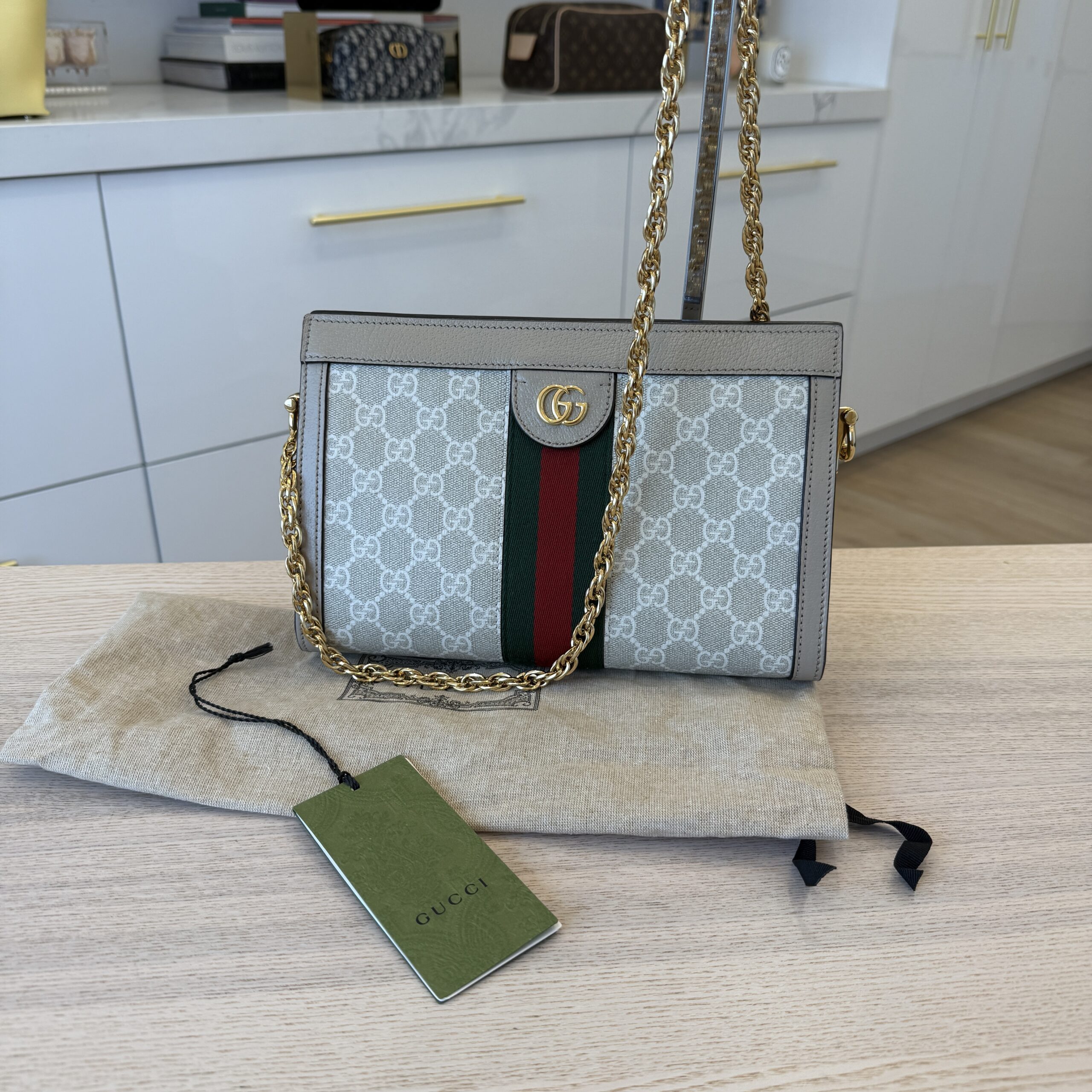 Gucci GG Supreme Monogram Web Small Ophidia Chain Shoulder Bag