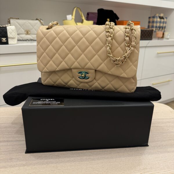 Chanel Lambskin Quilted Jumbo Double Flap Beige Claire Gold Hardware