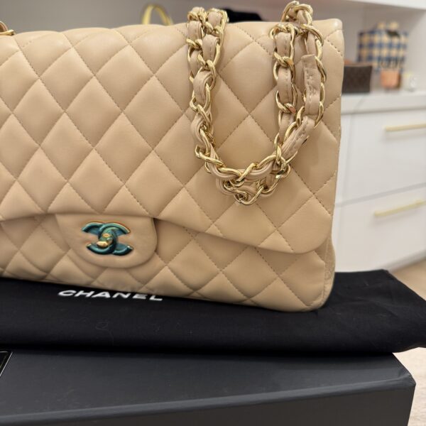 Chanel Lambskin Quilted Jumbo Double Flap Beige Claire Gold Hardware