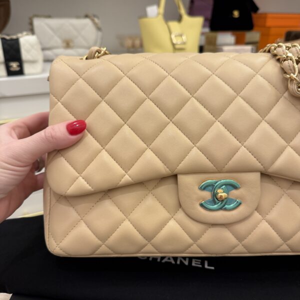 Chanel Lambskin Quilted Jumbo Double Flap Beige Claire Gold Hardware