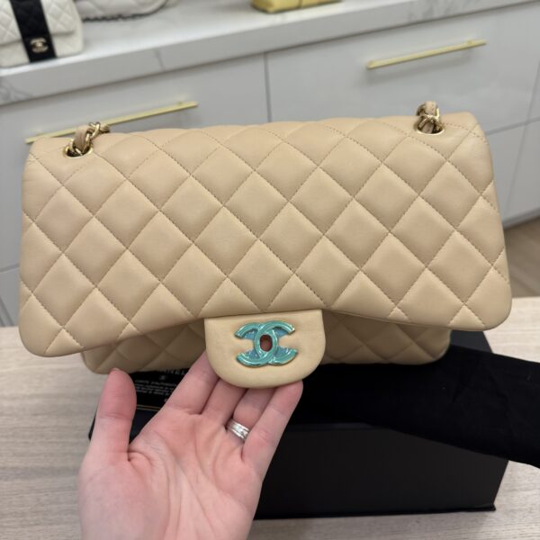Chanel Lambskin Quilted Jumbo Double Flap Beige Claire Gold Hardware