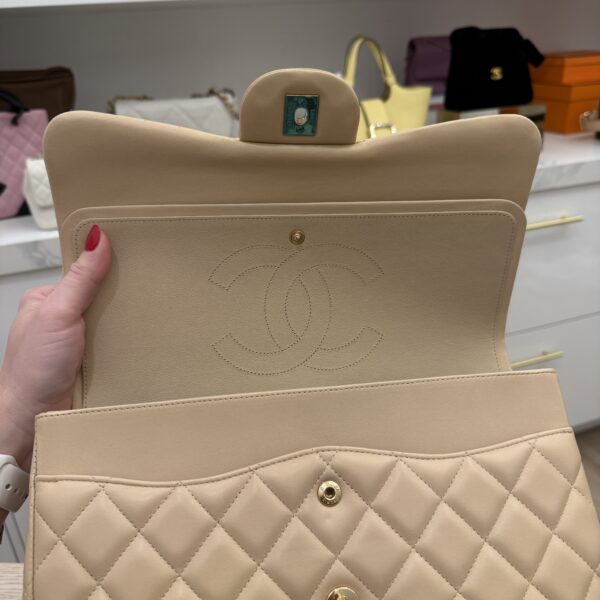 Chanel Lambskin Quilted Jumbo Double Flap Beige Claire Gold Hardware