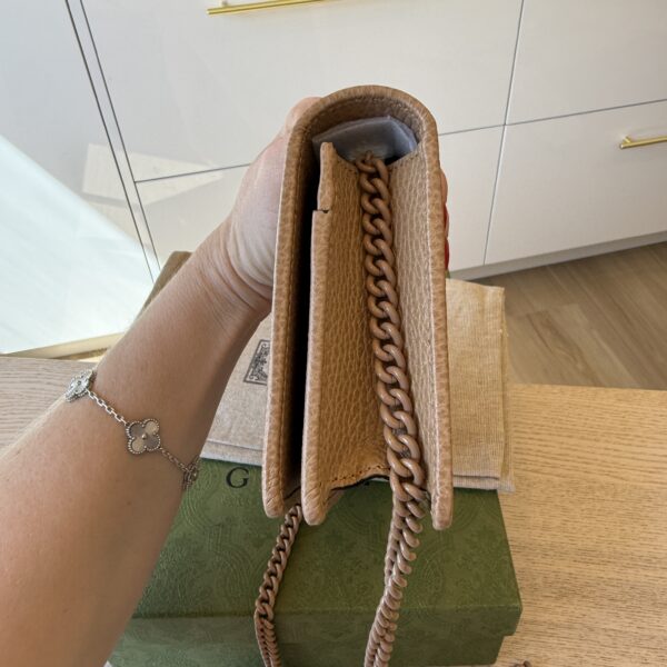 Gucci Dollar Calfskin Enamel Monochrome Mini GG Marmont Chain Wallet Beige