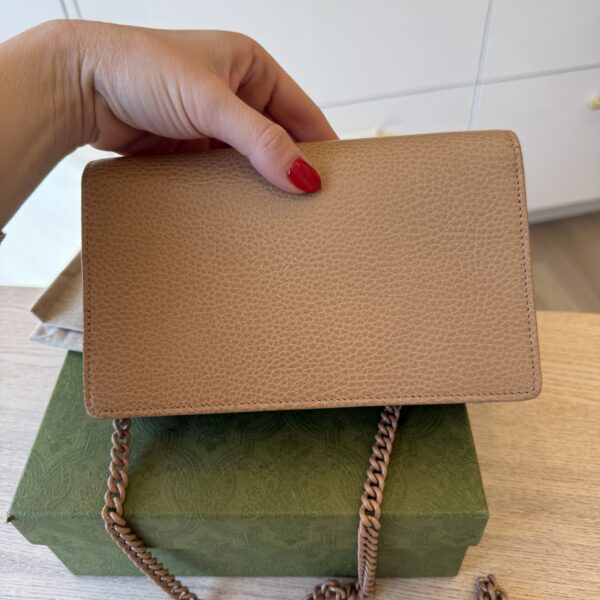 Gucci Dollar Calfskin Enamel Monochrome Mini GG Marmont Chain Wallet Beige