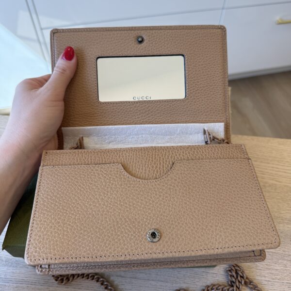 Gucci Dollar Calfskin Enamel Monochrome Mini GG Marmont Chain Wallet Beige