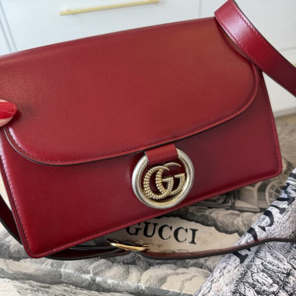 Gucci Textured Calfskin Small Torchon GG Ring Shoulder Bag New Cherry Red