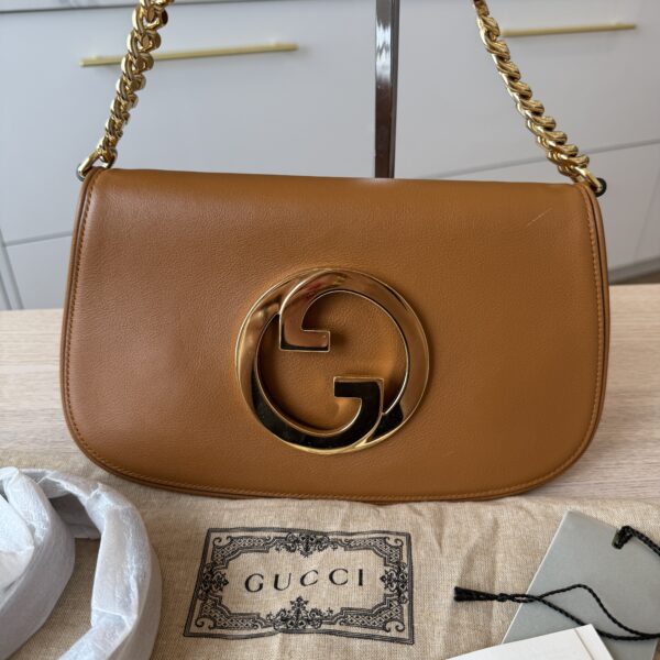 Gucci Roxy Calfskin Blondie Chain Shoulder Flap Bag Caramel