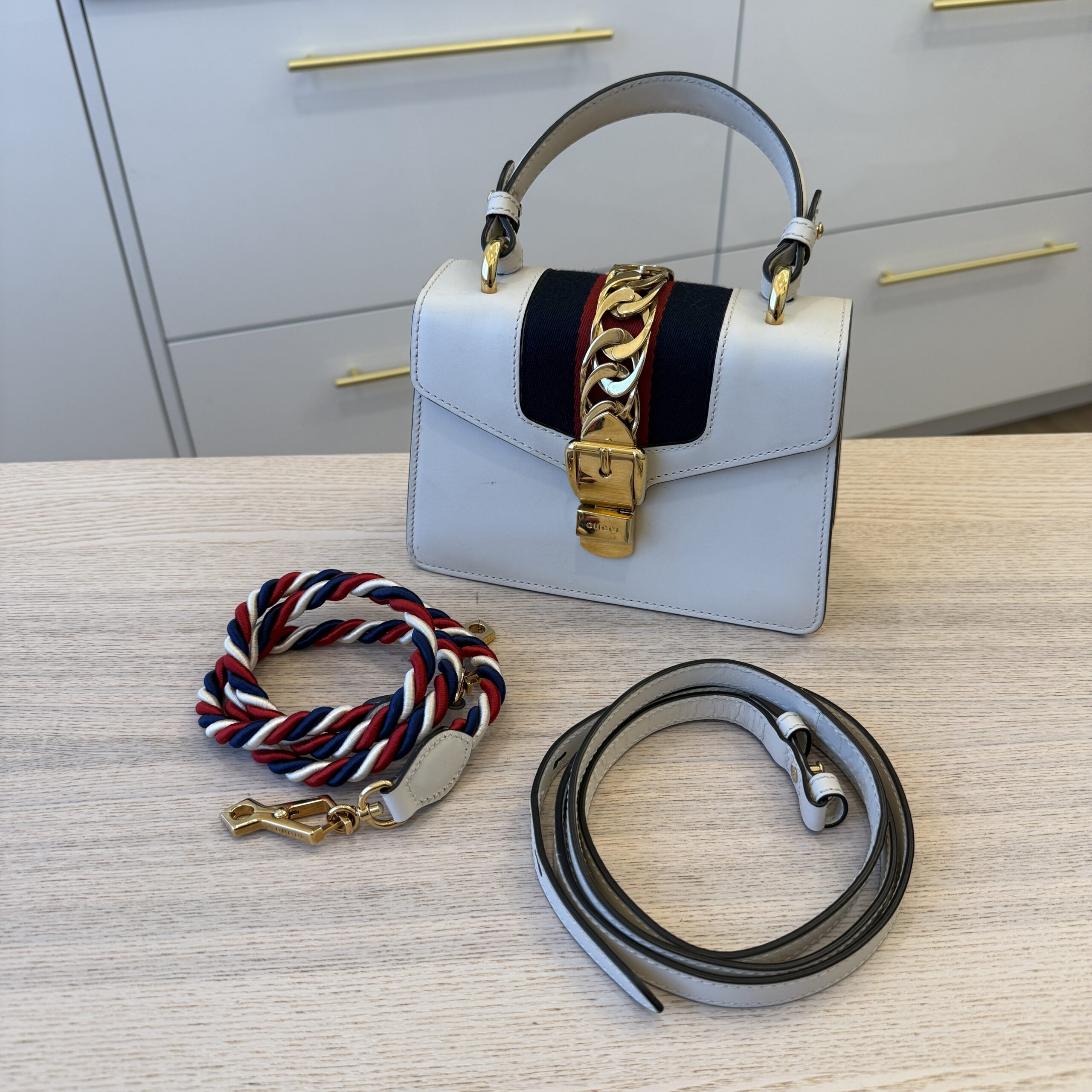 Gucci Calfskin Mini Sylvie Top Handle Bag White