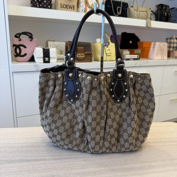 Gucci Beige/Ebony GG Canvas Studded Pelham Medium Tote Bag
