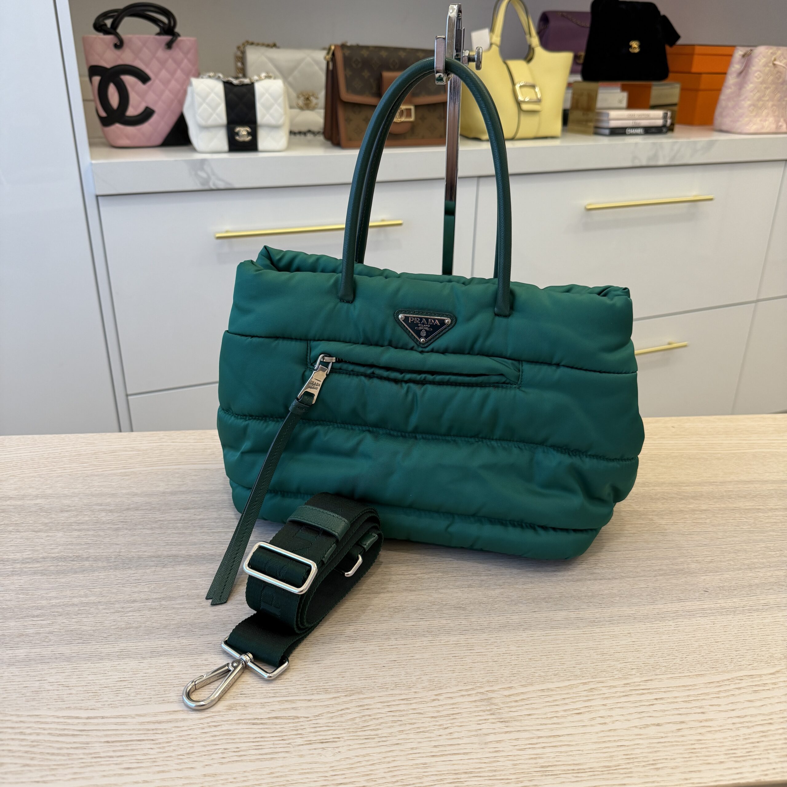 Prada Oleandro Tessuto Nylon Bomber Small Tote Bag Green