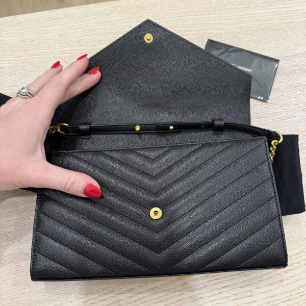 Saint Laurent Large Envelope Quilted Leather Chain Wallet Black and Gold Hardware
