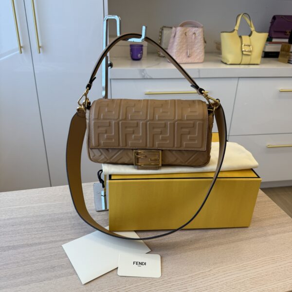 Fendi Nappa FF 1974 Embossed Baguette Miele Scuro