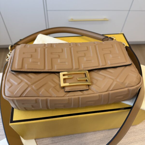 Fendi Nappa FF 1974 Embossed Baguette Miele Scuro