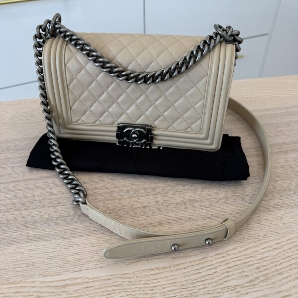 Chanel Lambskin Quilted Old Medium Boy Flap Beige Palladium Hardware