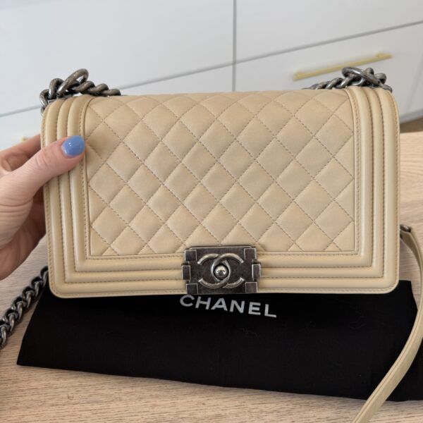 Chanel Lambskin Quilted Old Medium Boy Flap Beige Palladium Hardware