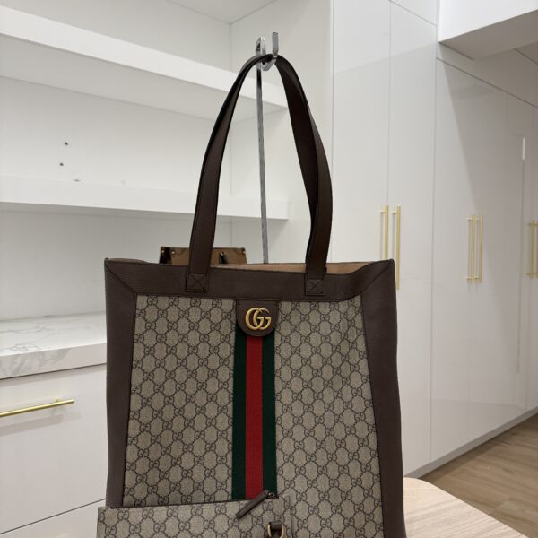 Gucci GG Supreme Monogram Web Large Ophidia Vertical Shopping Tote Brown