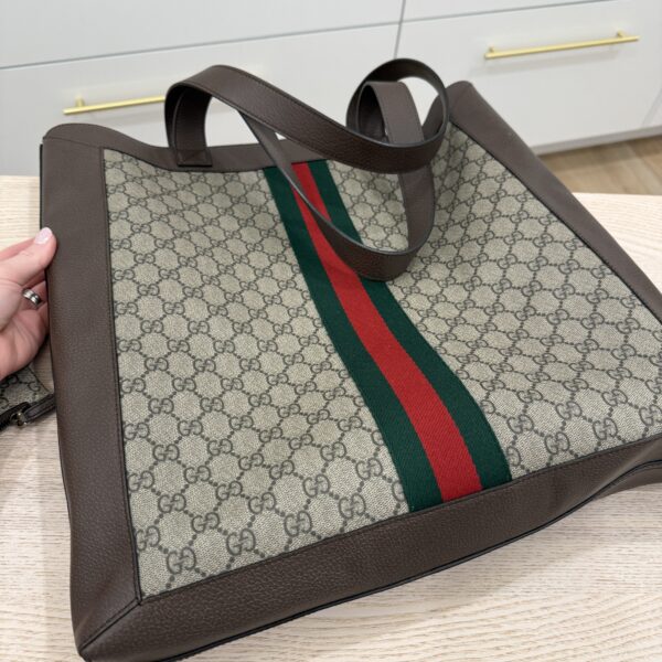 Gucci GG Supreme Monogram Web Large Ophidia Vertical Shopping Tote Brown