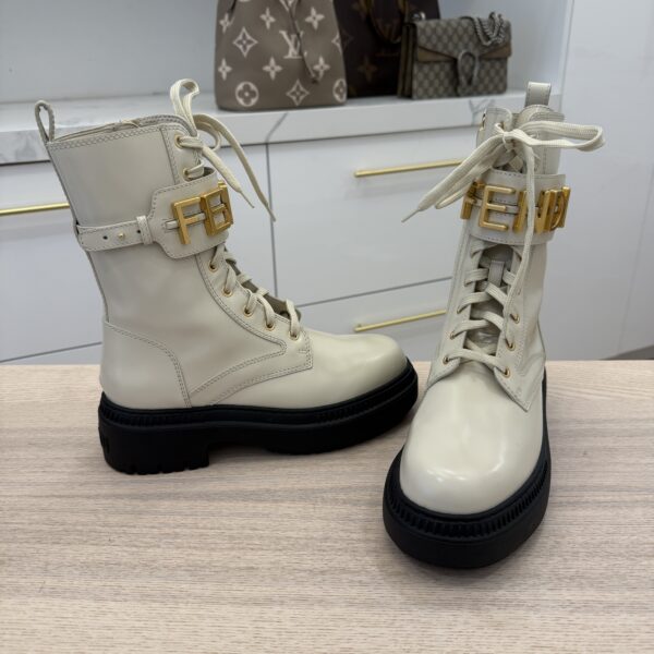 Fendi Vitello Abrasivato Fendigraphy 50mm Biker Boots 38 1/2 White