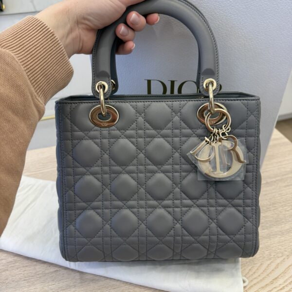 Christian Dior Lambskin Cannage Medium Lady Dior Grey Gold Hardware