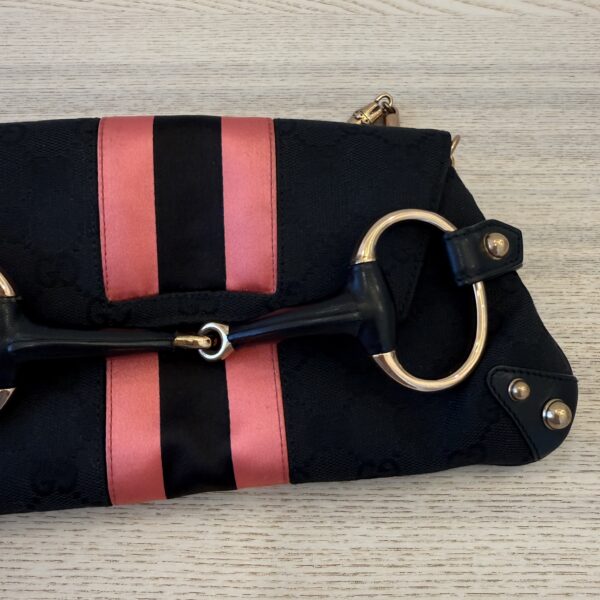 Gucci Monogram Web Horsebit Chain Clutch Black and Rose Gold Hardware