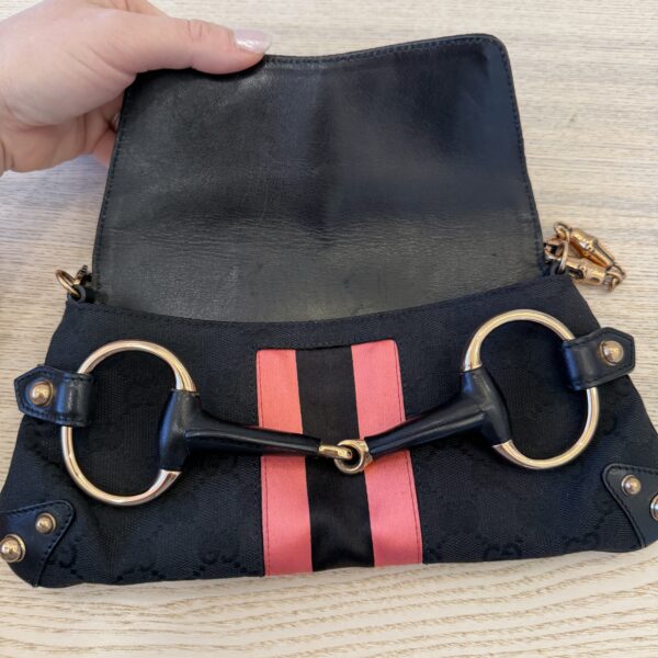 Gucci Monogram Web Horsebit Chain Clutch Black and Rose Gold Hardware
