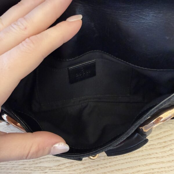 Gucci Monogram Web Horsebit Chain Clutch Black and Rose Gold Hardware